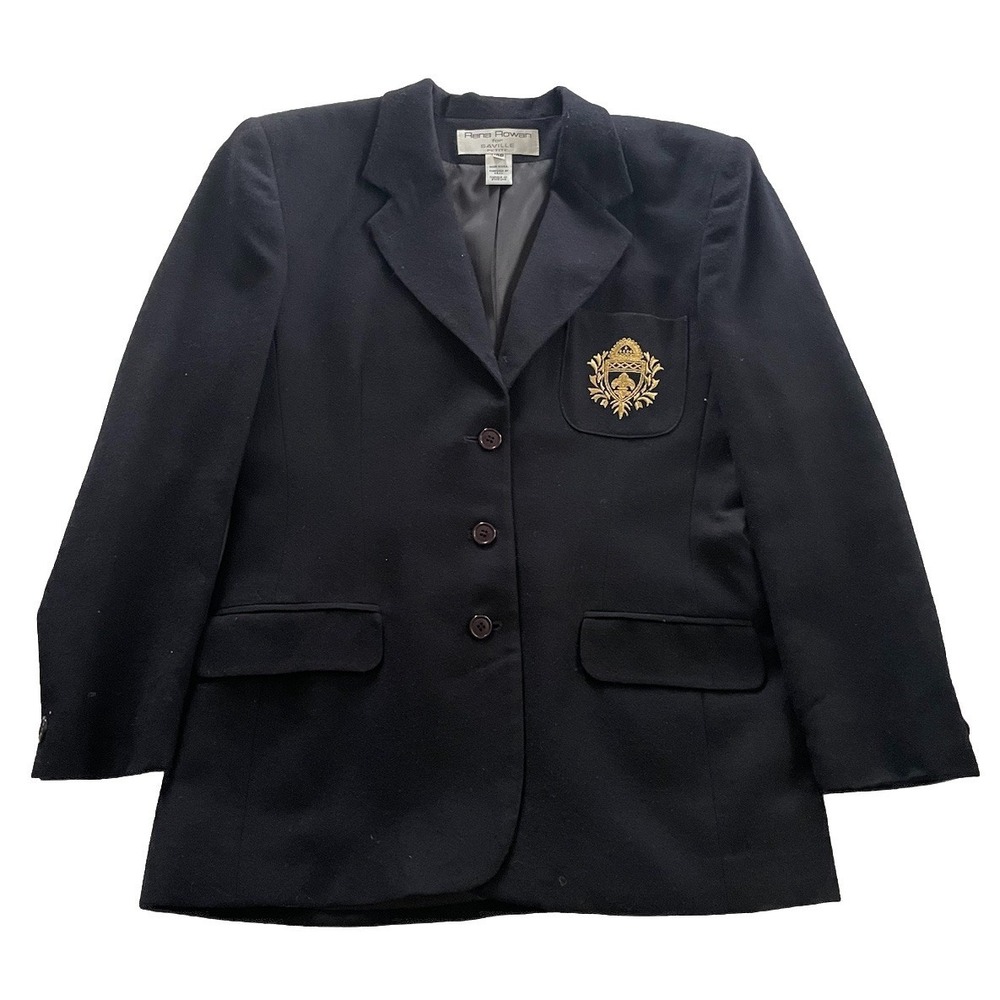 Vtg Rena Rowan For Saville Blazer 10P Black 100% Wool Classy Timeless Crest